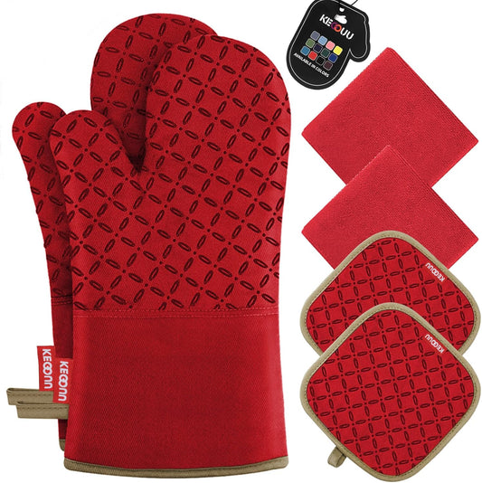 KEGOUU Oven Mitts and Pot Holders 6pcs Set, Kitchen Oven Glove High Heat Resistant 500 Degree Extra Long Oven Mitts and Potholder with Non-Slip Silicone Surface for Cooking (Red)