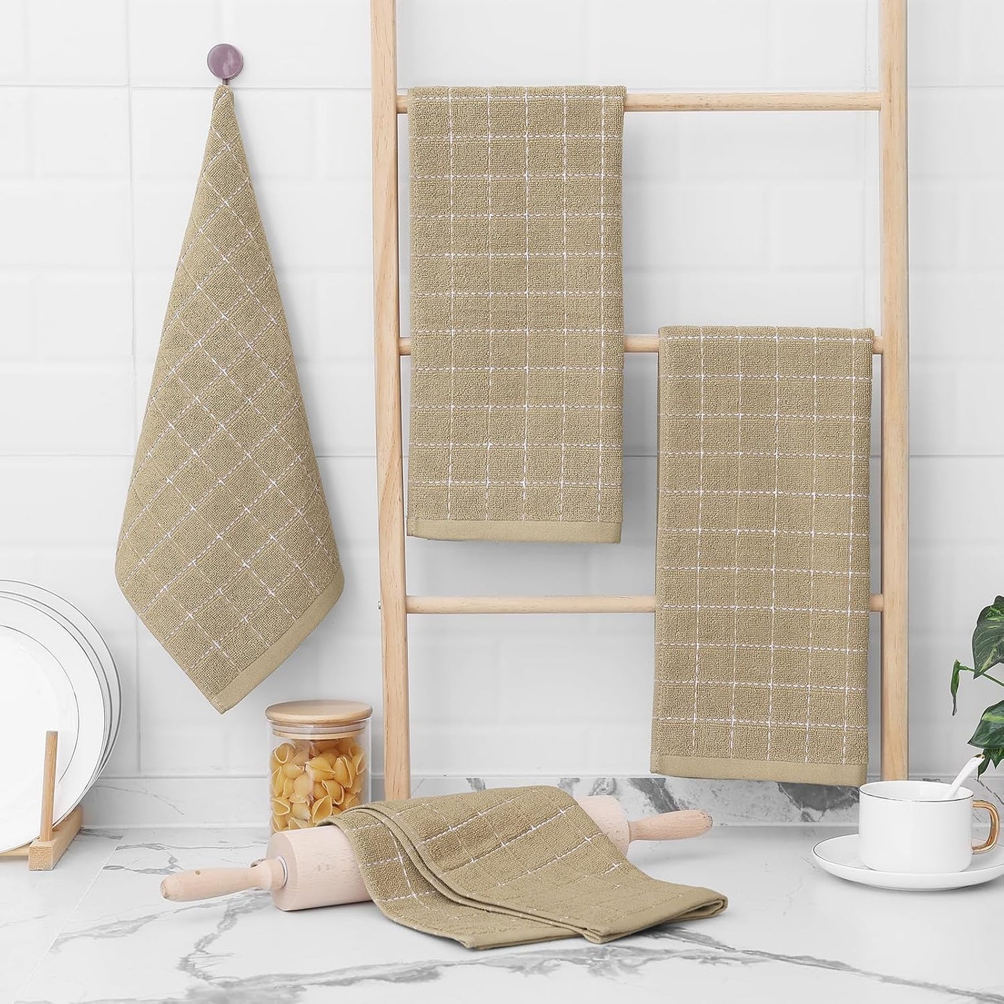 Homaxy 100% Cotton Terry Kitchen Towels(Tan, 13 x 28 inches), Checkered Designed, Soft and Super Absorbent Dish Towels, 12 Pack