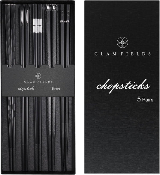 GLAMFIELDS 5 Pairs Premium Chopsticks Reusable Dishwasher Safe 9.5 Inch Fiberglass Chop Sticks Gift Set Non Slip Black + Silver