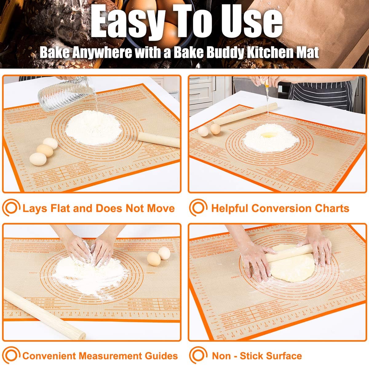 Non-slip Silicone Pastry Mat 28X20 inches Baking Mat with Measurement, Perfect for Dough, Pastry, Pie Crust, Fondant, Cookies, Bread, Pasta, Pizza, Food Grade Kitchen Counter Mats