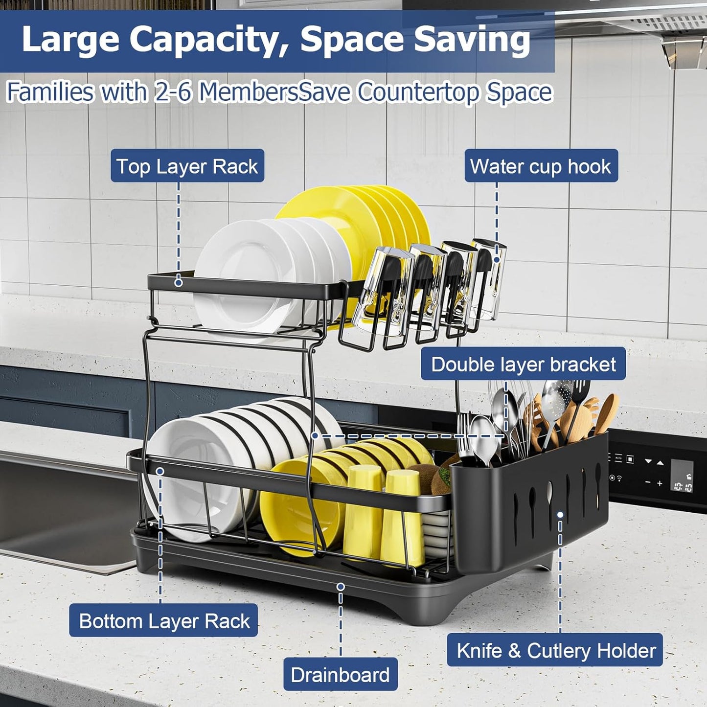 Dish Drying Rack 2-Tier Dish Racks for Kitchen Counter, Adjustable Spout Auto-Draining Dish Rack, Large Capacity for Plates, Bowls, Cups, Tableware，Dish Drainer with Drainboard,Black