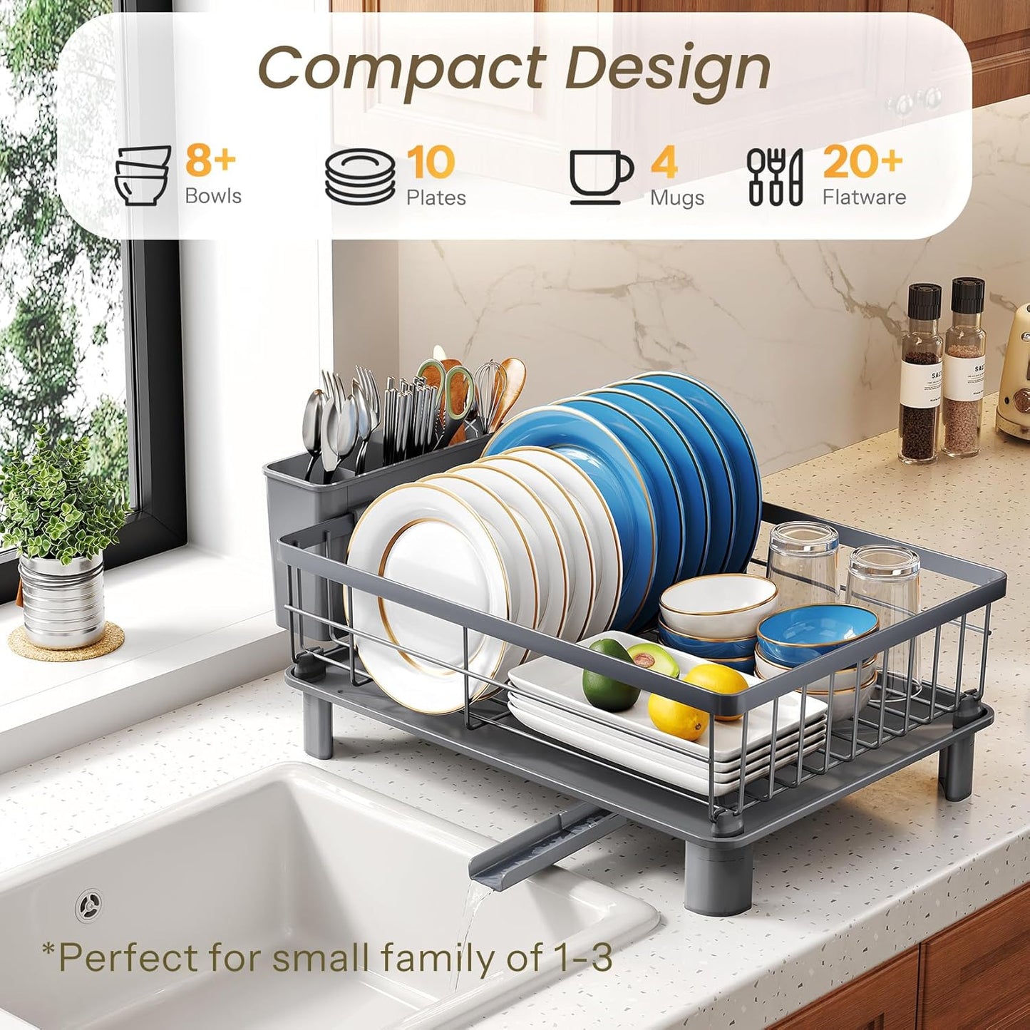 Dish Drying Rack - Small Dish Rack for Kitchen Counter, Stainless Steel Dish Drainer with Utensil Holder and Drainboard (Grey)