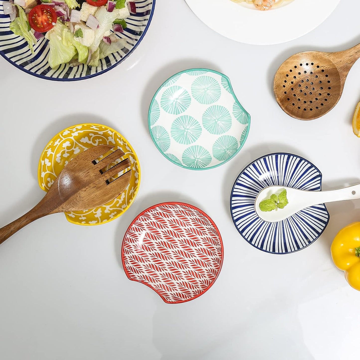 Selamica Ceramic Spoon Rest for Stove Top, 4.6 Inch Cooking Spoon Holder for Kitchen Counter, Stackable Utensil Rest Holder for Spatula Ladles Tong, Set of 4, Assorted Colors