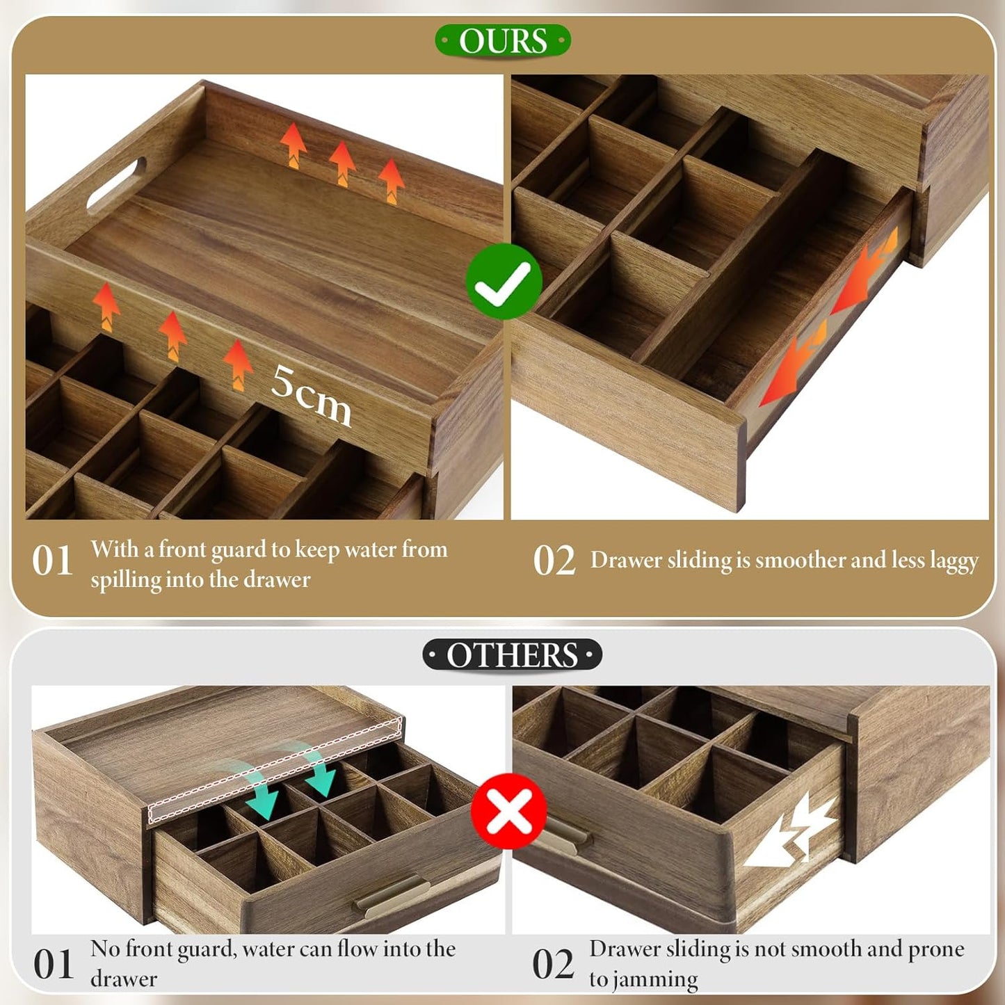 ANMINY Acacia Wood Tea Bag Organizer, Extra Large Tea Storage Box with 13 Compartments, 10MM Thick Wooden Teabag Holder Drawer Box, Tea Caddy Station Chest Containers for Countertop