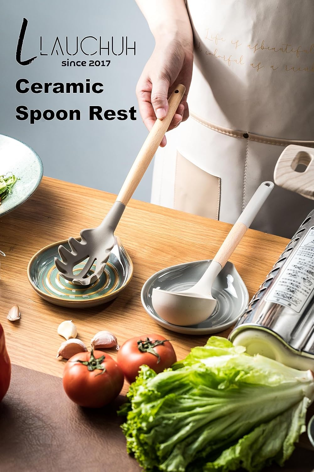 LAUCHUH Spoon Rest for Kitchen Counter,5" Spoon Holder for Kitchen Counter Stove Top Ceramic Spatula Holder for Ladle, Spatula, Spoons or Tongs, Thanksgiving Gifts, Unique Green