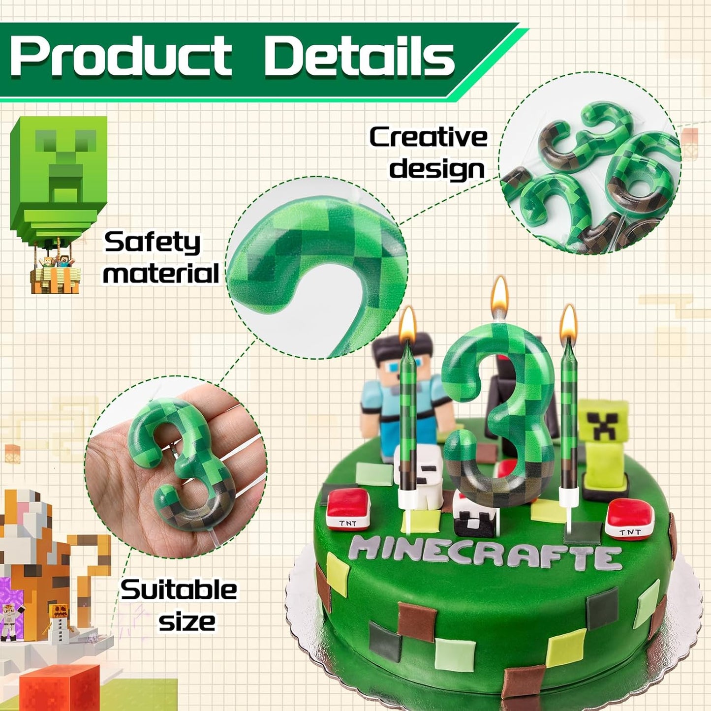 13 Pcs Dynamite Themed Birthday Candles & Number 3 Candle Topper for Pixel Theme Parties