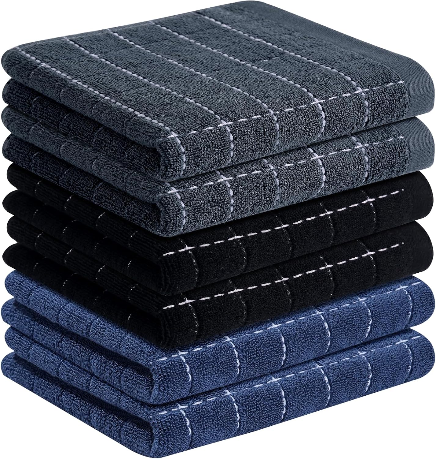 Homaxy 100% Cotton Terry Kitchen Towels(Navy+Grey+Black, 13 x 28 inches), Checkered Designed, Soft and Super Absorbent Dish Towels, 6 Pack