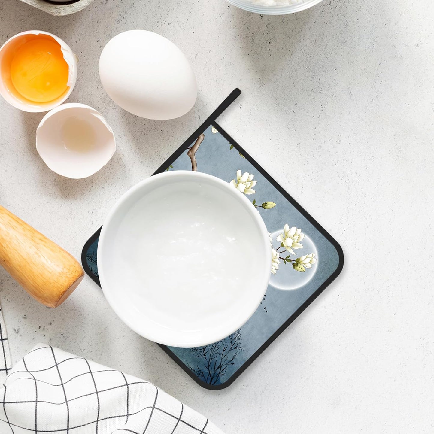 Pot Holder Set of 2,Moon Blossom Japanese Style Kitchen Heat Resistant Potholder for BBQ Cooking Baking,Food Hot Pat for Women Men Kitchen Wear