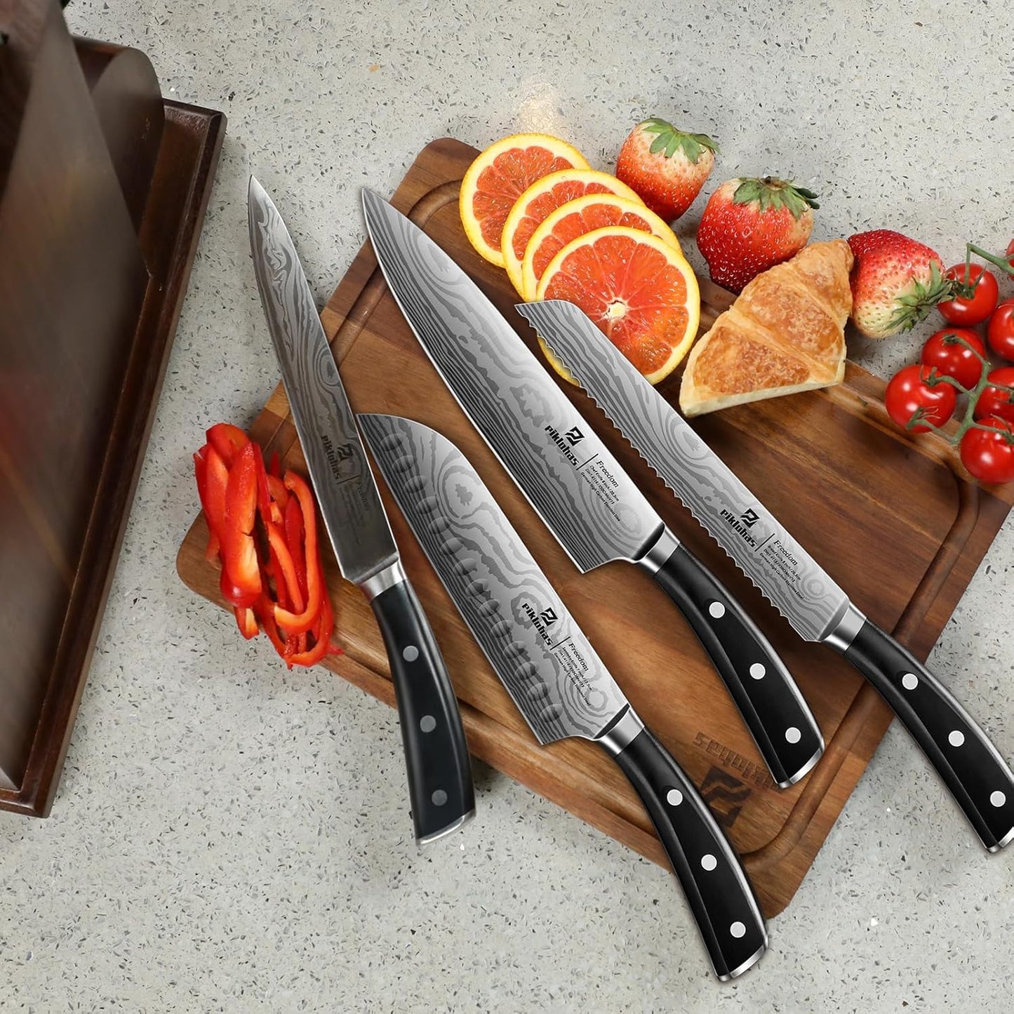 Knife Sets for Kitchen with Block, 17 Pieces with Magnetic Knife Holder, German High Carbon Stainless Steel Damascus Pattern Chef Knife Set