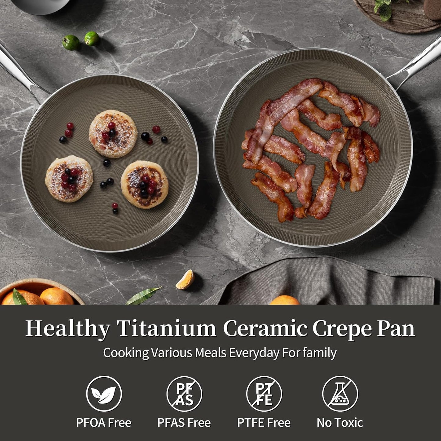 11 Inch Stainless Steel Crepe Pan - Titanium Ceramic Nonstick Crepe Pan, Stainless Steel Pancake Pan, Non Stick Flat Skillet Tawa Dosa Tortilla Griddle Pan, Induction Compatible, PFOA&PFAS Free