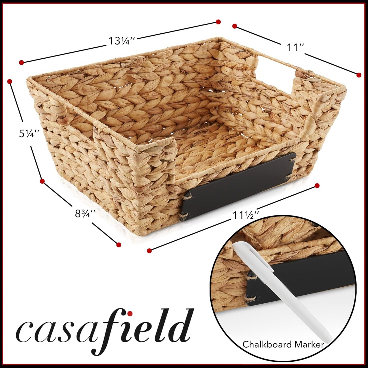 Casafield Set of 2 Water Hyacinth Pantry Baskets with Handles, Chalkboard Labels, and Marker - Natural, Wide Woven Storage Bin Organizers for Kitchen Shelves