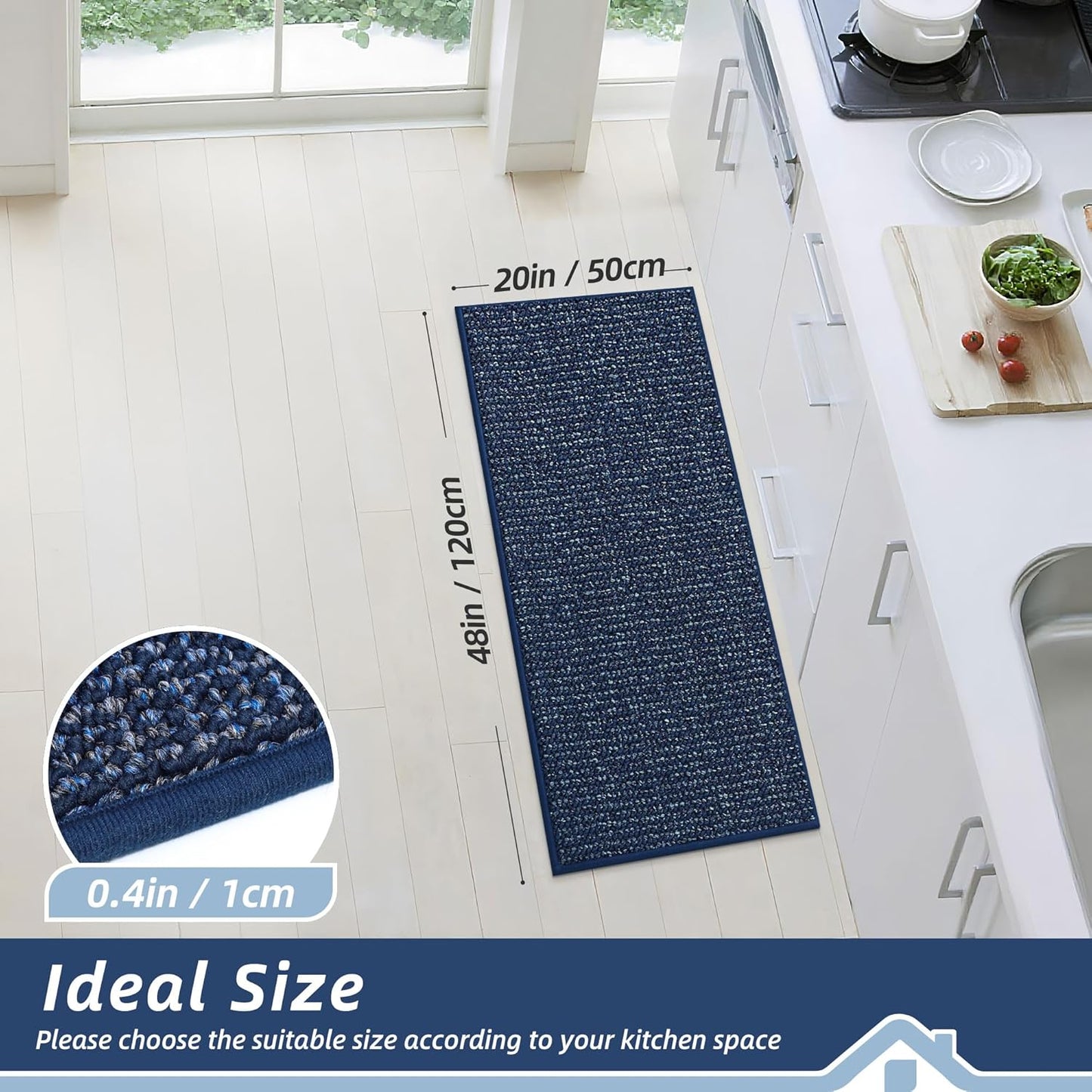 BEQHAUSE Kitchen Runner Rugs 20"x48", Non-Slip Kitchen Mats for Floor, Super Absorbent and Stain Resistant Kitchen Rug, Machine Washable Rugs for Kitchen, Hallway, Laundry & Sink, Blue