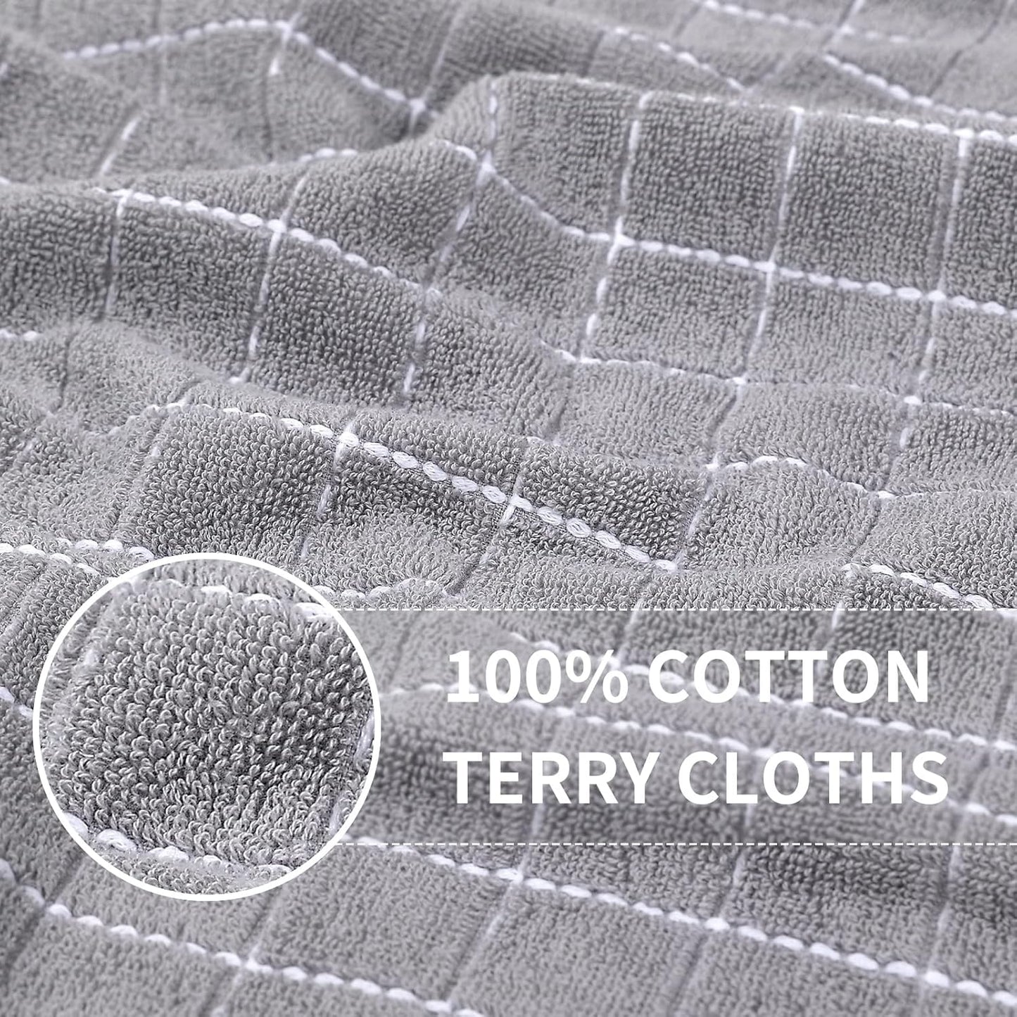 Homaxy 100% Cotton Terry Kitchen Towels(Light Grey, 13 x 28 inches), Checkered Designed, Soft and Super Absorbent Dish Towels, 8 Pack