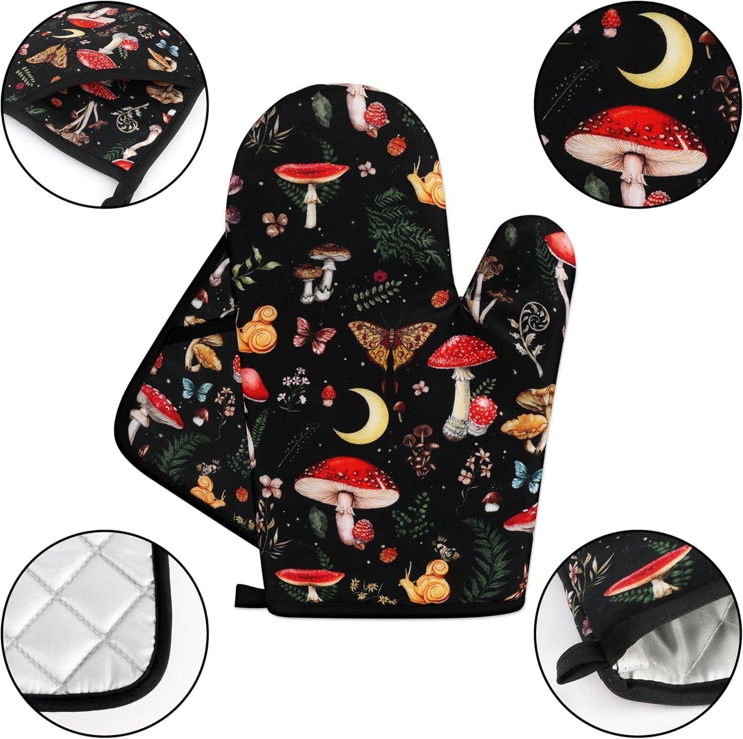 Mushroom Oven Mitts and Pot Holders Sets Cute Oven Gloves Heat Resistant 4 Pcs Funny Decorative Kitchen Hot Pads and Mitts for Baking Cooking Grilling