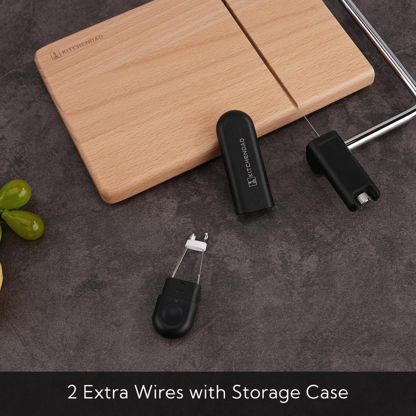 KITCHENDAO Replaceable Wire Cheese Slicer with Board, Tightness Adjustable Cheese Slicer, Beech Wood Cheese Cutter for Block Cheese, Easy to Replace, with 2 Extra Upgrade Strong Wires