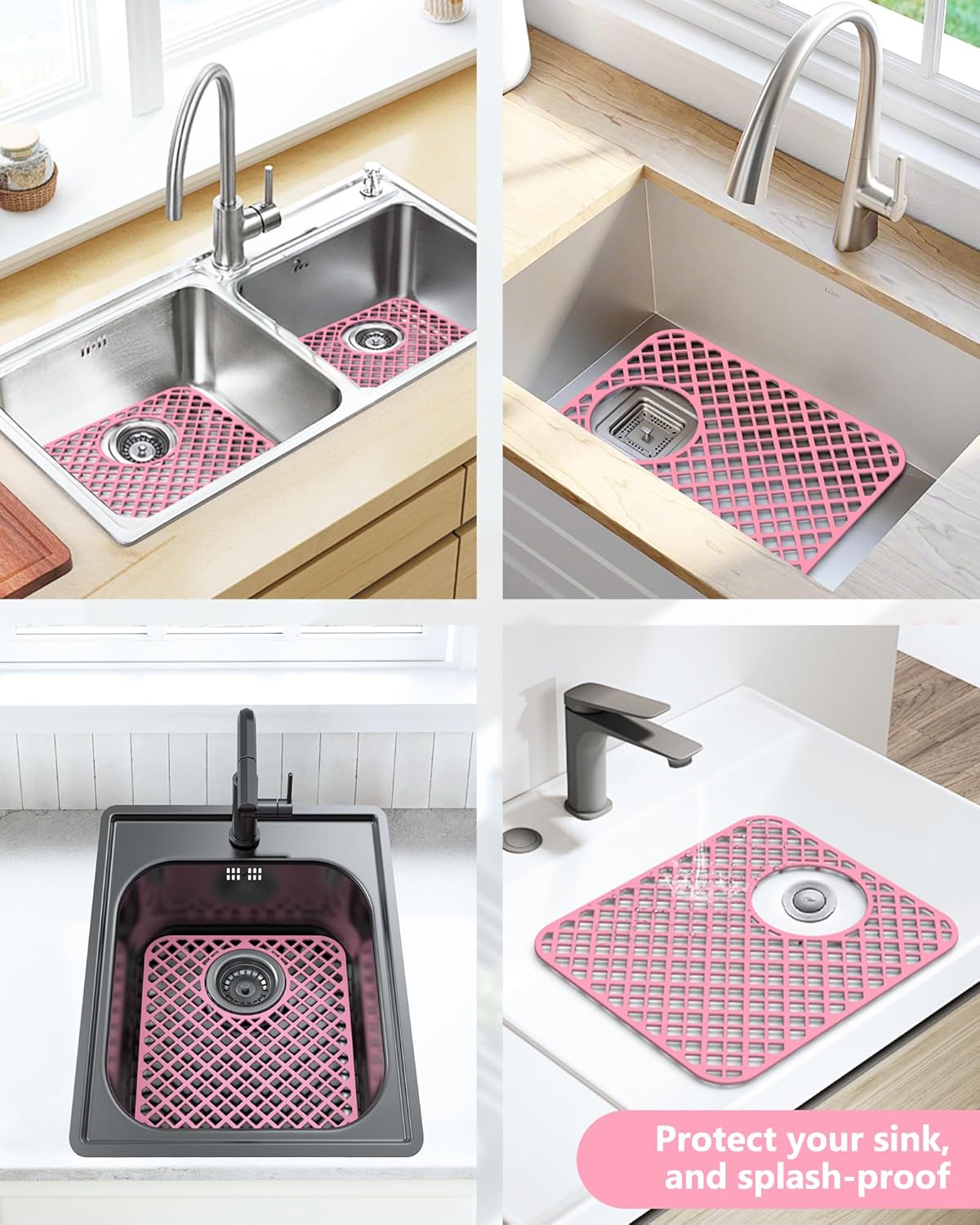 2 Pack Silicone Sink Protectors for Kitchen Sink, Lozenge Pattern 13 x 11 Inches Sink Mat, Non-Slip and Durable Sink Protector Silicone, Rear Drain, Pink