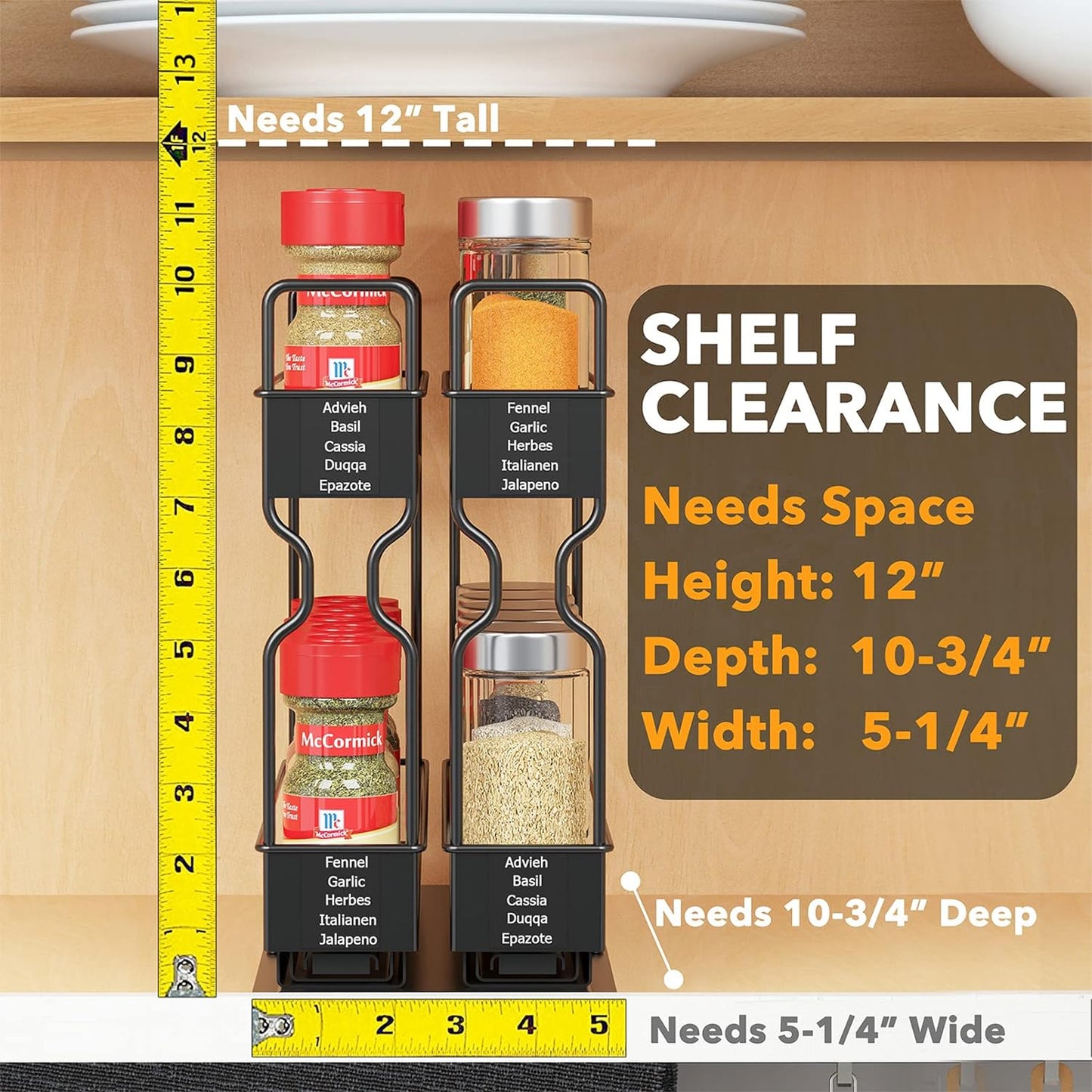 SpaceAid Pull Out Spice Rack Organizer for Cabinet, Heavy Duty Slide Out Seasoning Kitchen Organizer, Cabinet Organizer, with Labels, 5.2" W x10.75 D x10 H, 2 Drawers 2-Tier