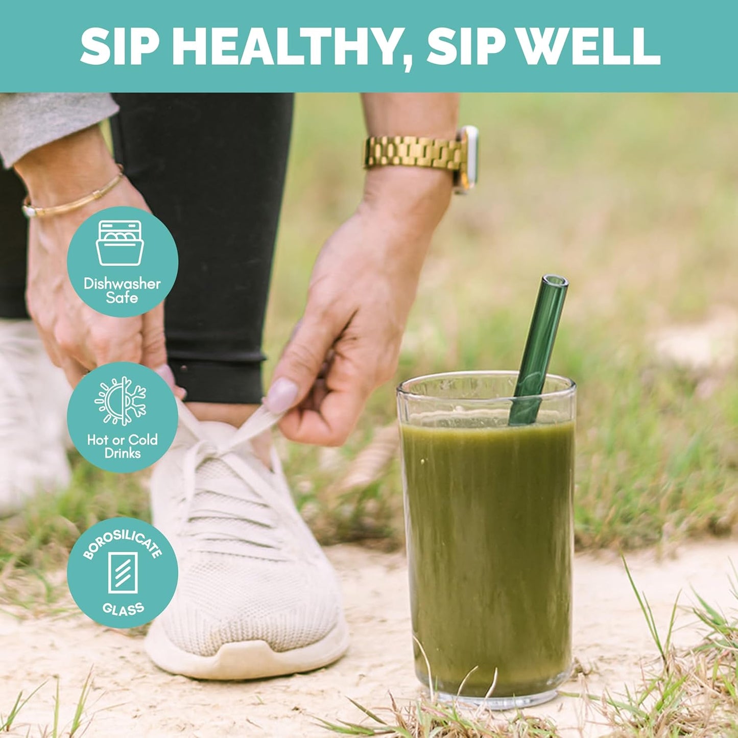 Simply Straws Wide Glass Straws (6-Pack) - 10in x 12mm Reusable Glass Smoothie Straws for Milkshakes, Juices & Slushies, with Cleaning Brush - Dishwasher Safe, Hot & Cold Use, BPA-Free (Meadow)