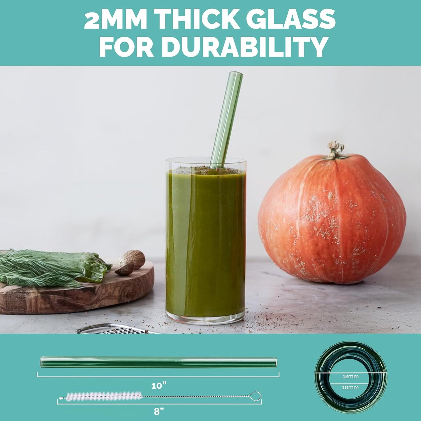 Simply Straws Wide Glass Straws (6-Pack) - 10in x 12mm Reusable Glass Smoothie Straws for Milkshakes, Juices & Slushies, with Cleaning Brush - Dishwasher Safe, Hot & Cold Use, BPA-Free (Seaglass)