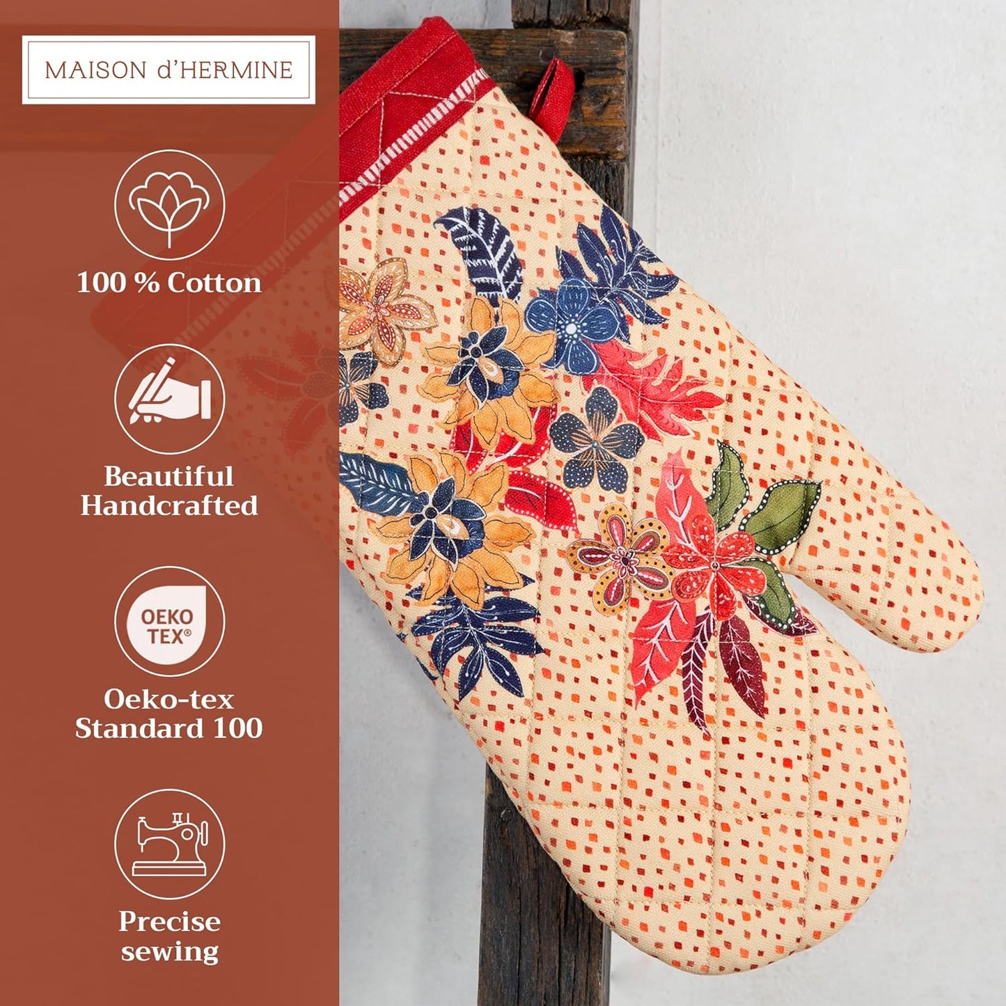 Maison d' Hermine Oven Gloves 100% Cotton Oven Mitt 7" x 13" with Loop Heat Resistant, BBQ, Cooking Gloves, Baking, Grilling, Kitchen, Handling Hot Pans (Pack of 1, Kalahari)