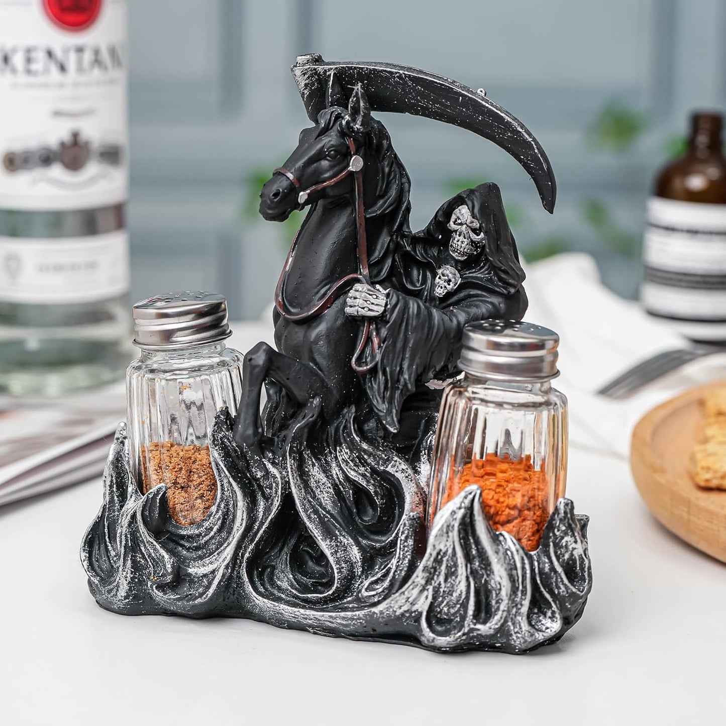 Black Holy Death Statue Shaker Holder - Salt And Pepper Dispenser with Resin Grim Reaper Figurines And Collectibles Holder - Farmhouse Kitchen DéCor with Glass Spice Jars