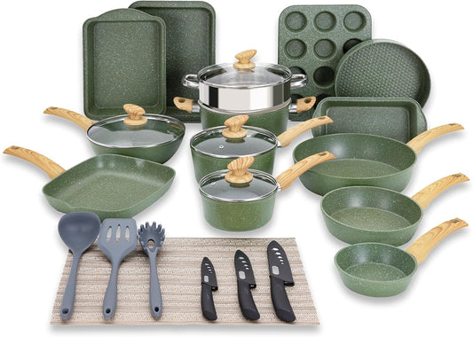 Kitchen Academy Pots and Pans Set Nonstick, 30 Pieces Induction Kitchen Cookware and Bakeware Sets, Green Granite Coating Cooking Pans Set