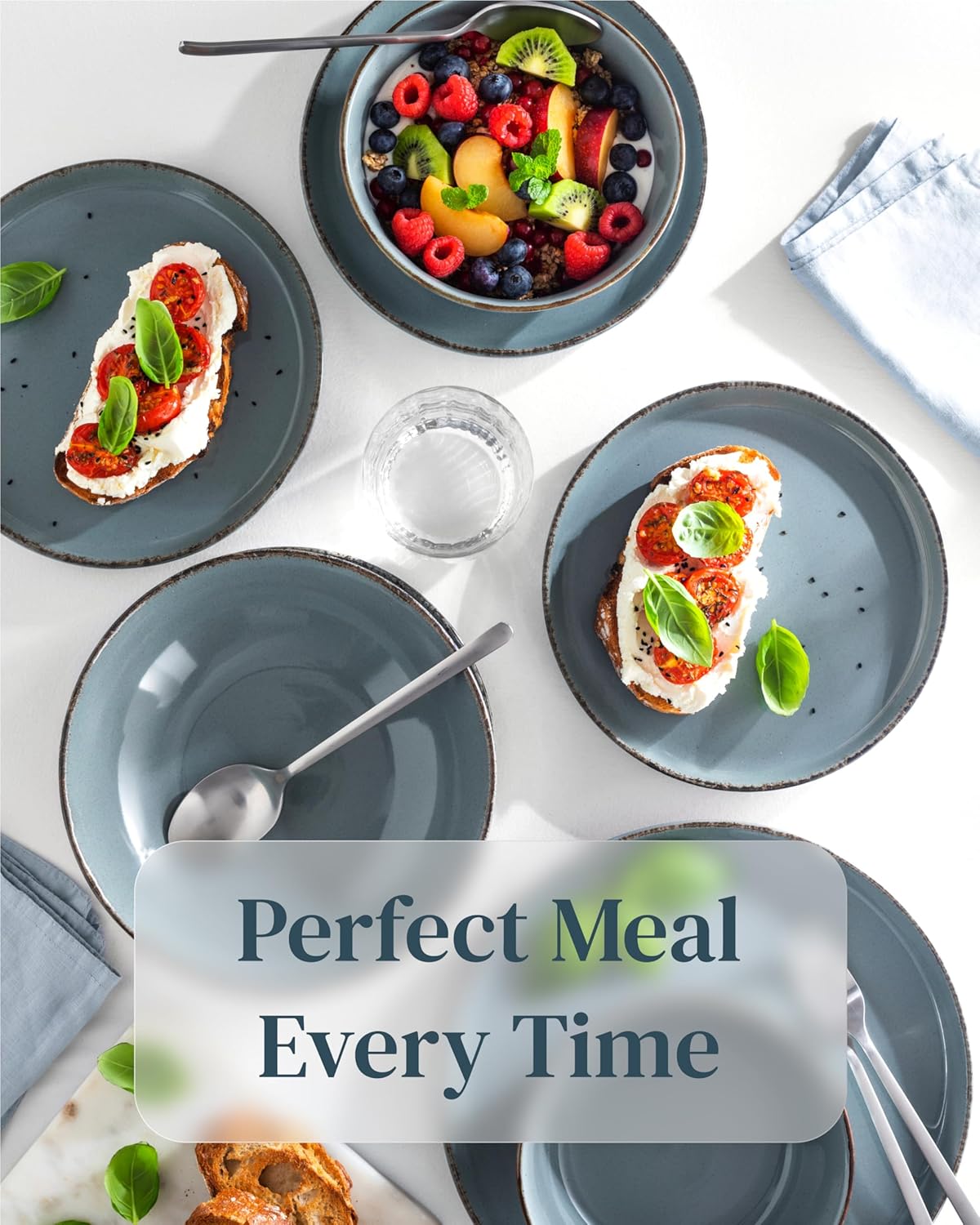 Stoneware dinnerware set 4 persons Rustic 16 pcs - Rustic design dinnerware set, dishwasher safe - Bowl and plate set - Pure Living dinnerware in smoky blue…