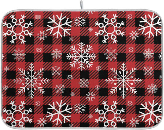 Snowflake Buffalo Plaid Dish Drying Mat for Kitchen Counter Christmas Absorbent Microfiber Drying Pad, Lager 18x24 in, Reversible Drainer Mats