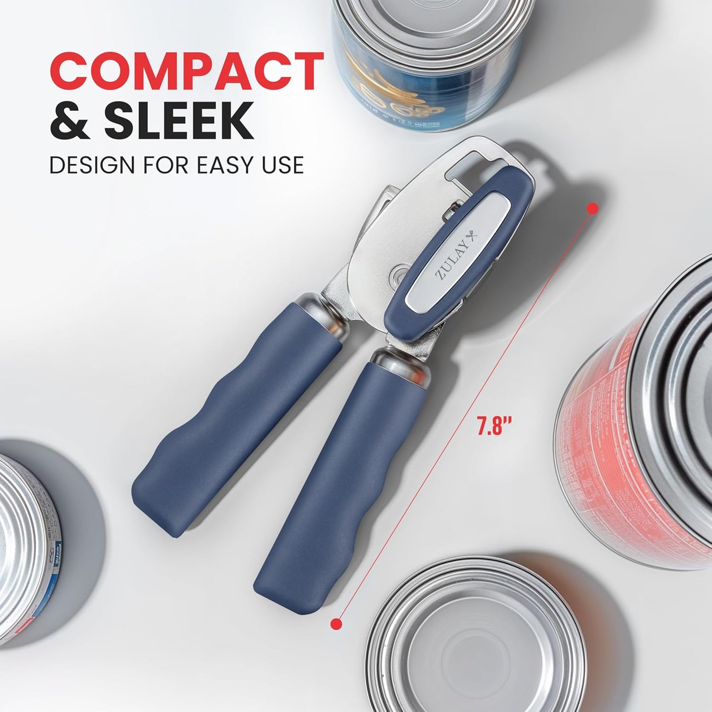 Zulay Kitchen Heavy Duty Stainless Steel Can Opener Manual with Bottle Opener - Rust Proof Manual Can Opener With Turn Knob & Comfy Soft Grip Handles - Blue