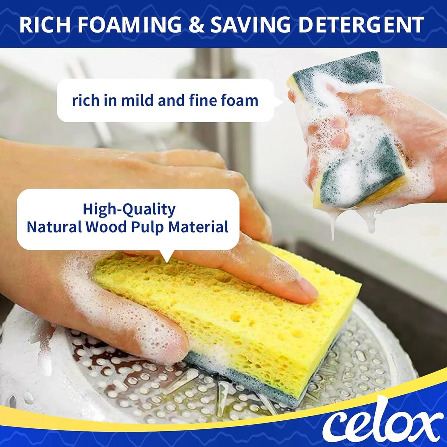 CELOX 6 Pack Dish Sponge for Kitchen, Dual Sided Scrub Heavy Duty, Non Scratch Sponges Perfect for Dishwashing and Household Cleaning, Highly Absorbent and Easy to Dry for Reuse