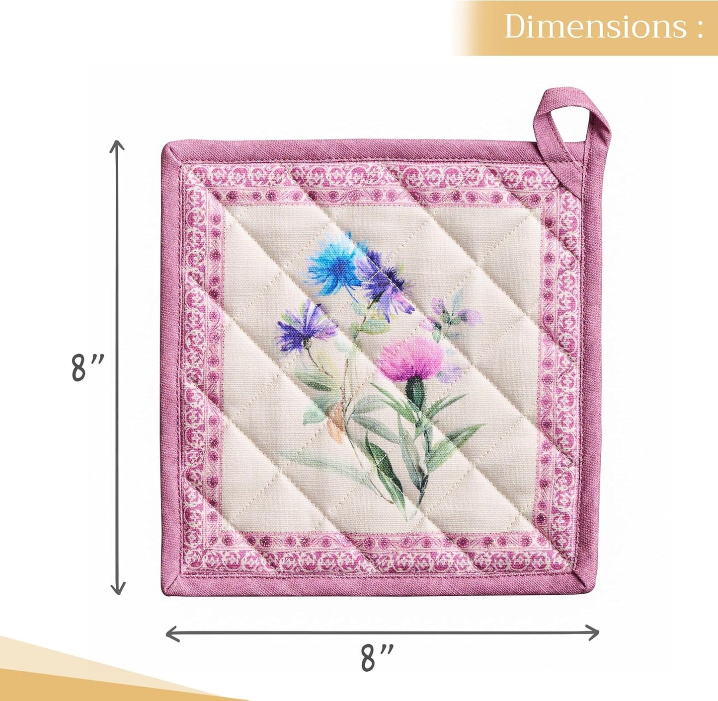 Maison d' Hermine Pot Holders 100% Cotton Heat Resistant Potholders 8" x 8" Hot Pads with Loop BBQ, Cooking, Baking, Grilling, Kitchen, Handling Hot Pans Spring/Summer (Pack of 1, Chardon)