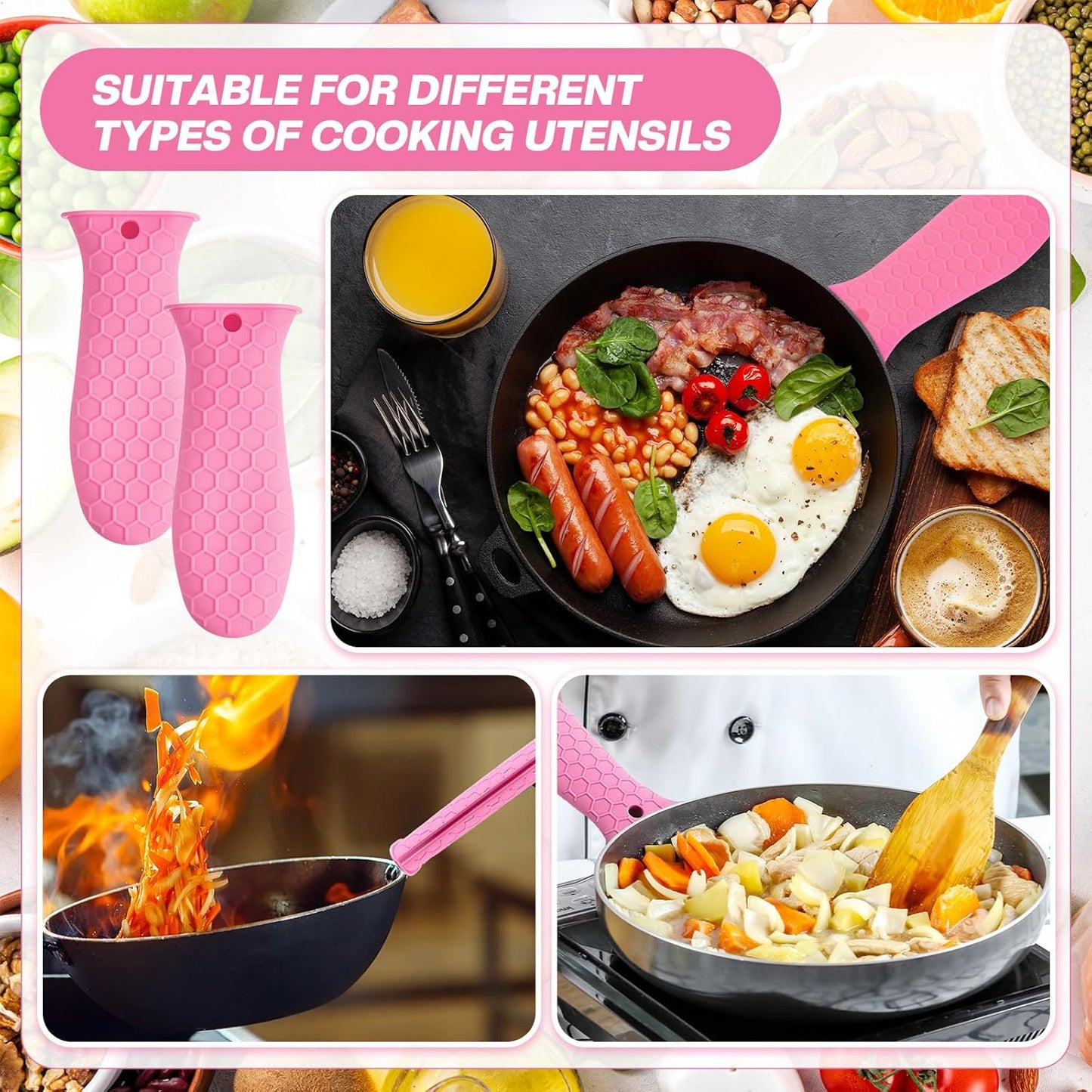 Patelai 2pcs Silicone Handle Cover for Cast Iron Skillet Kitchen Silicone Handles for Pots and Pans Non-Slip Pot Holder Sleeve for Fry Pan Griddles Metal Aluminum Cookware(Pink)