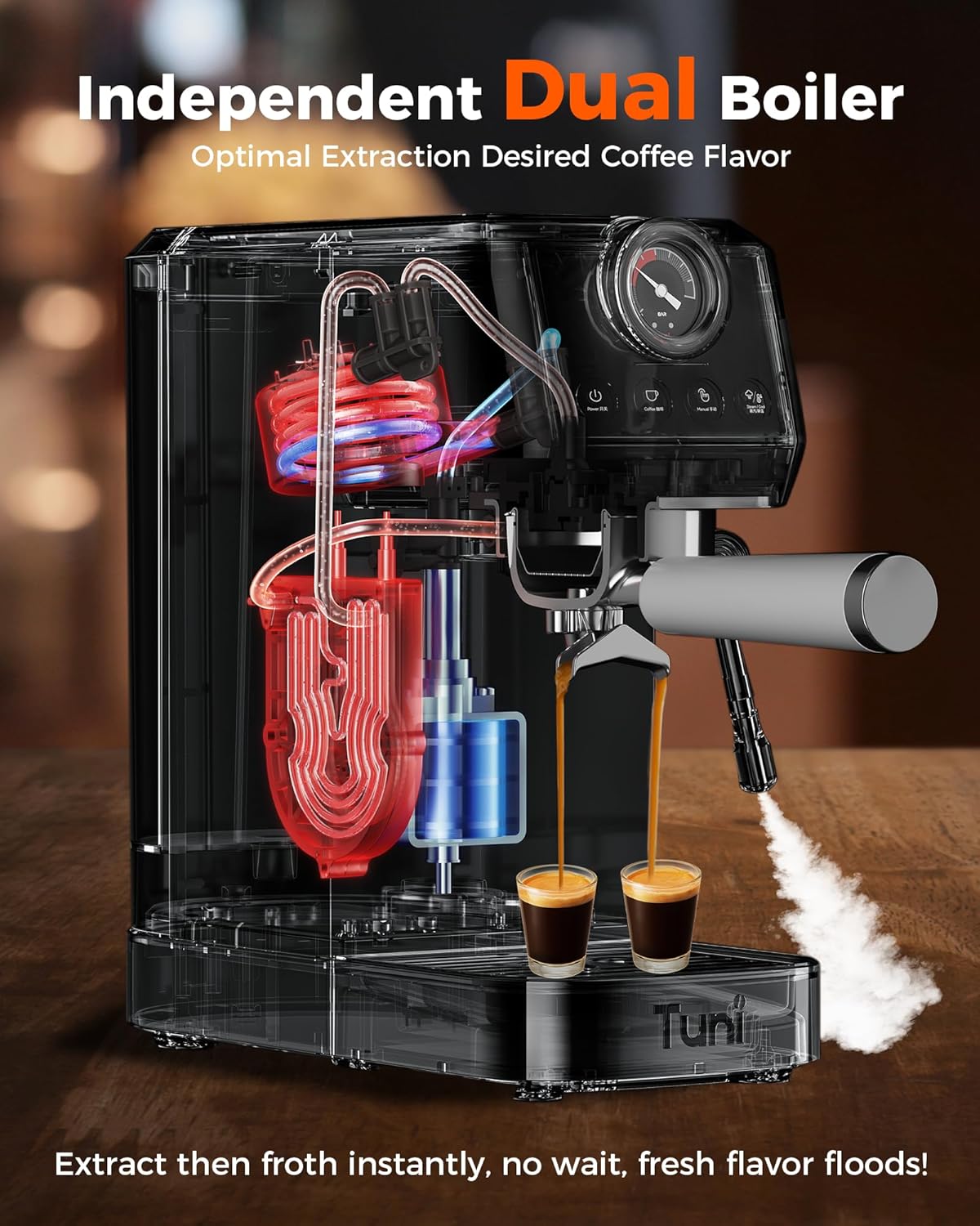 Tuni E2 58mm Espresso Machine 20Bar Espresso Maker, Dual Boiler Coffee Maker with 10mm Steam Milk Frother, Semi-automatic Coffee Machine with UKLA Pump for Espresso,Cappuccino, Gift for Coffee Lover