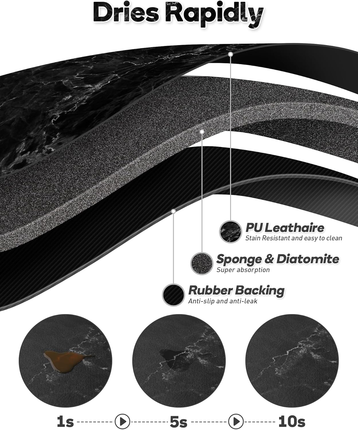 SUEH DESIGN Coffee Mat, Absorbent Dish Drying Mat 19.6 x 11.8 in Quick Dry Coffee Mat Large Drying Mats for Kitchen Counter Coffee Bar, Marble Black