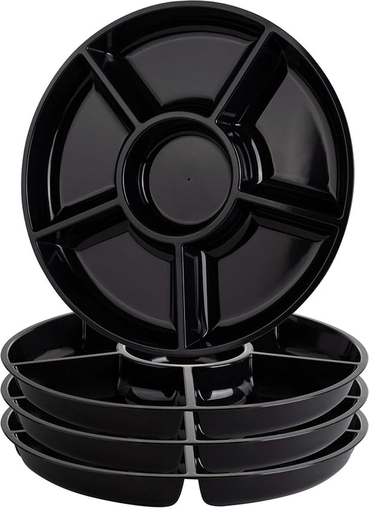Plasticpro 6 Sectional Round Plastic Serving Tray/Platter (4, Black)