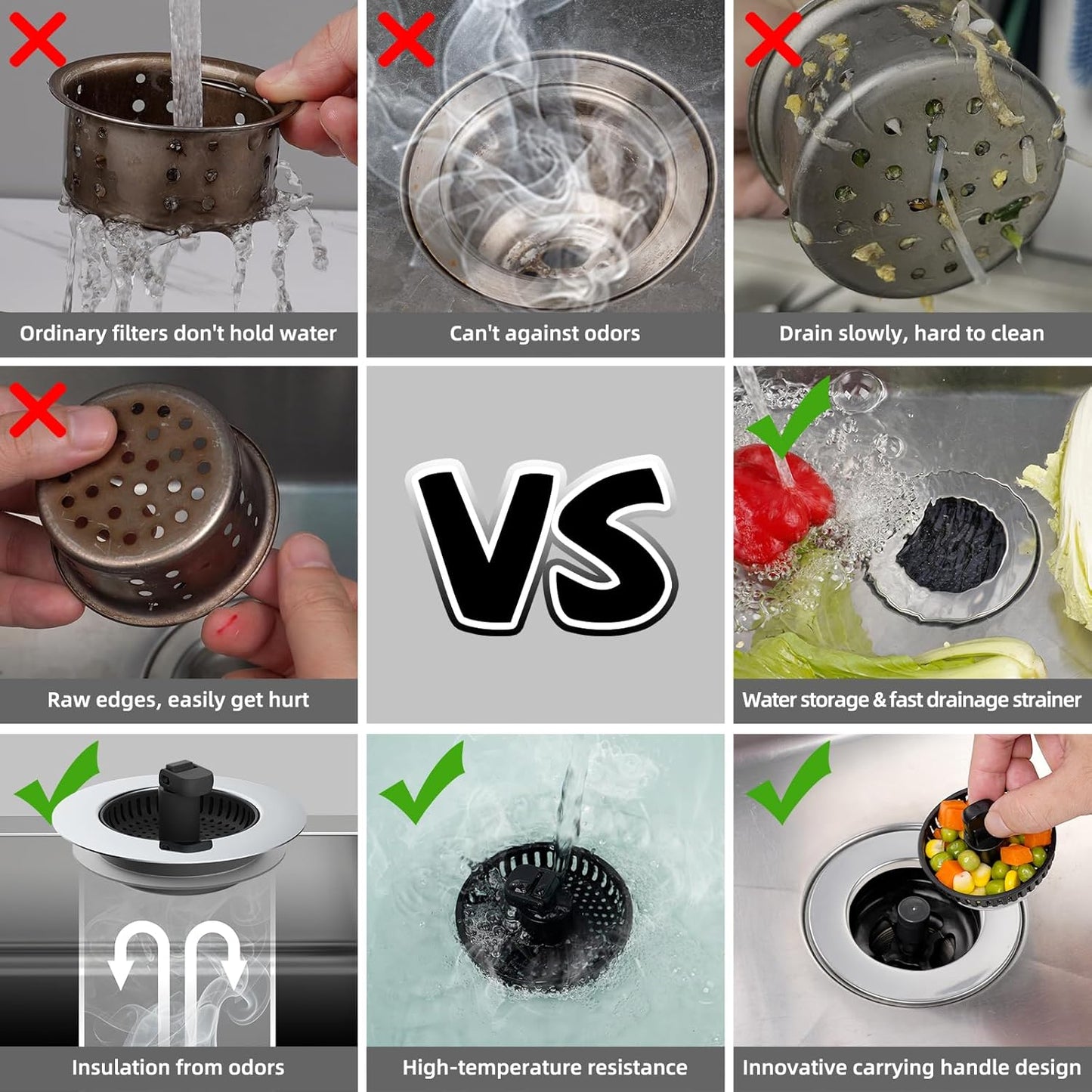 Hibbent 2 Pack Universal 3 in 1 Kitchen Sink Drain Strainer with Sink Stopper, Chrome Stainless Steel Wraped Shell, Anti-Clogging Basket Strainer with Handle, Fit for US Standard 3-1/2" Drain, Black