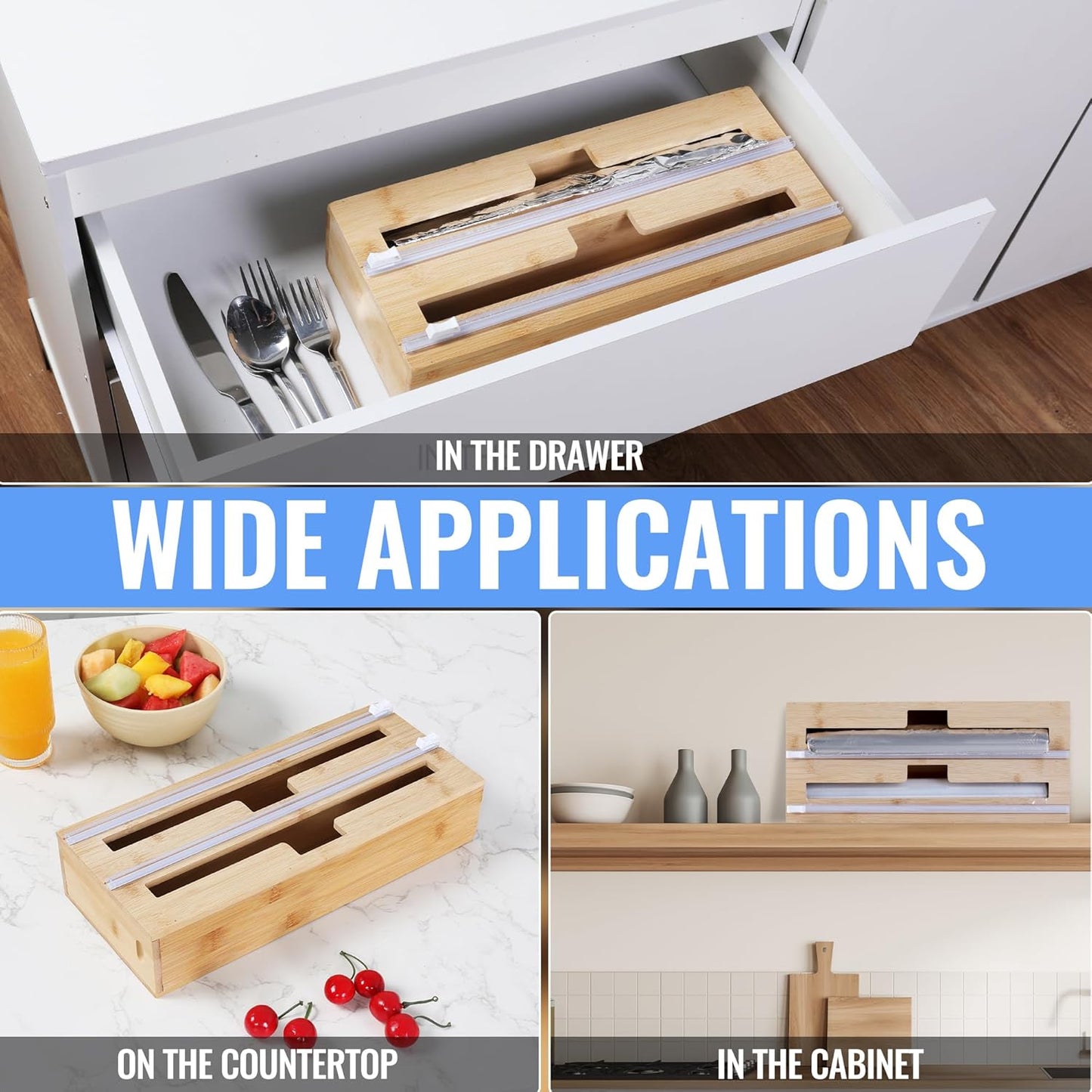 2 in 1 Plastic Wrap Dispenser with Cutter，Bamboo Foil and Plastic Wrap Organizer,Aluminum Foil and Wax Dispenser for Kitchen Drawer Storage Organization