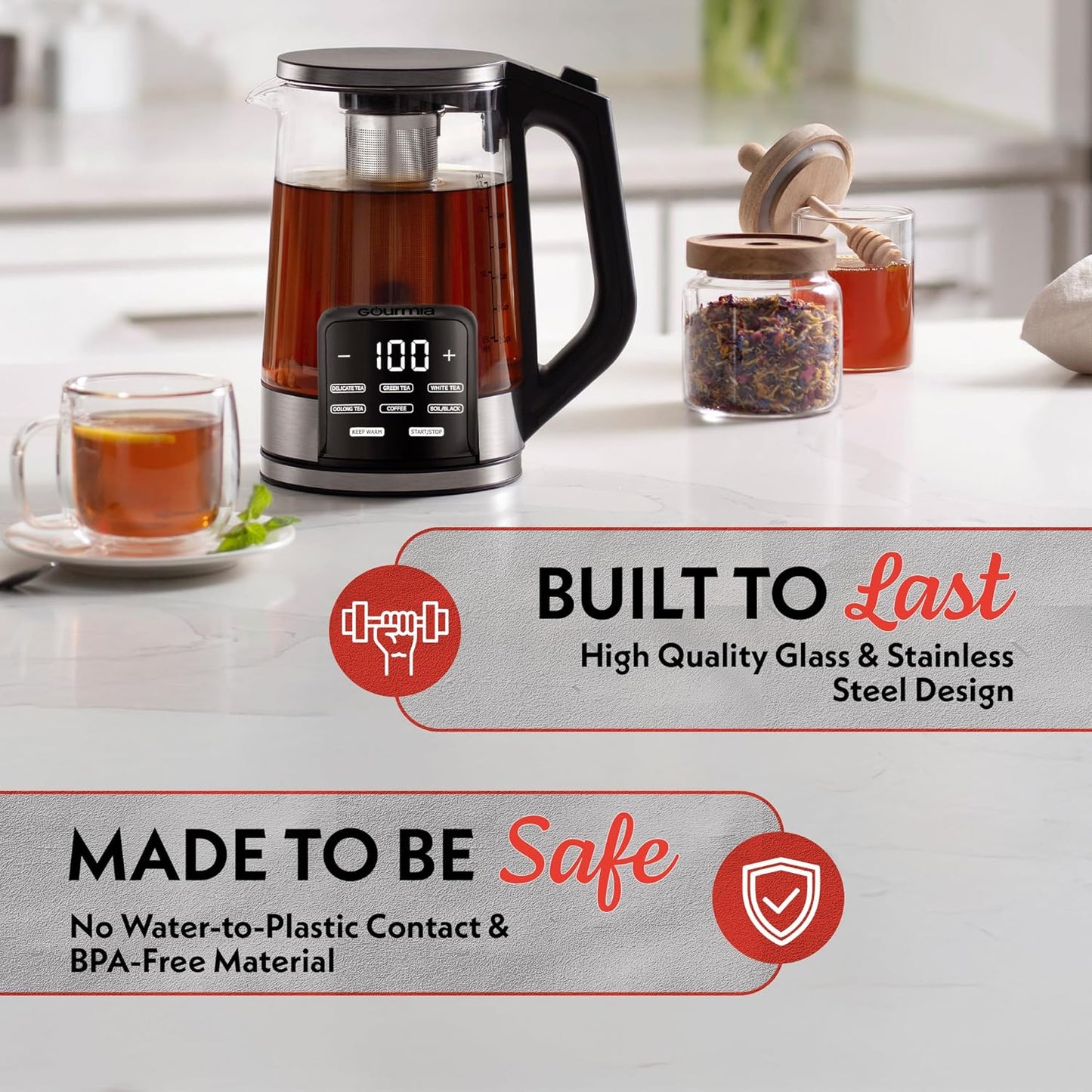 Gourmia Electric Programmable Glass Kettle – 1.7L Temperature Control Tea & Coffee Kettle with Digital Touch Display, 6 Presets, Keep Warm, Removable Stainless Steel Infuser, 360° Swivel Base – Red