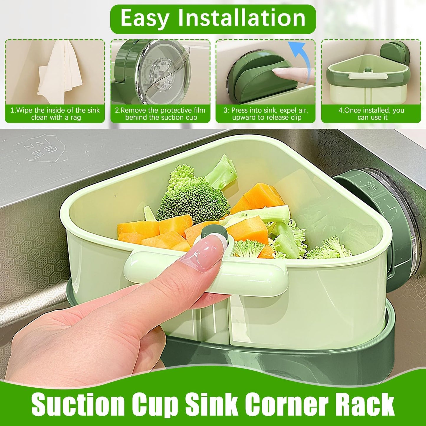 Sink Strainer Basket,2025 New Upgraded Suction Cup Press Sink Drainer Basket,Suction Cup Corner Rack,Corner Trash Catcher for Food Waste,Faucet Sponge Storage Rack (Green)