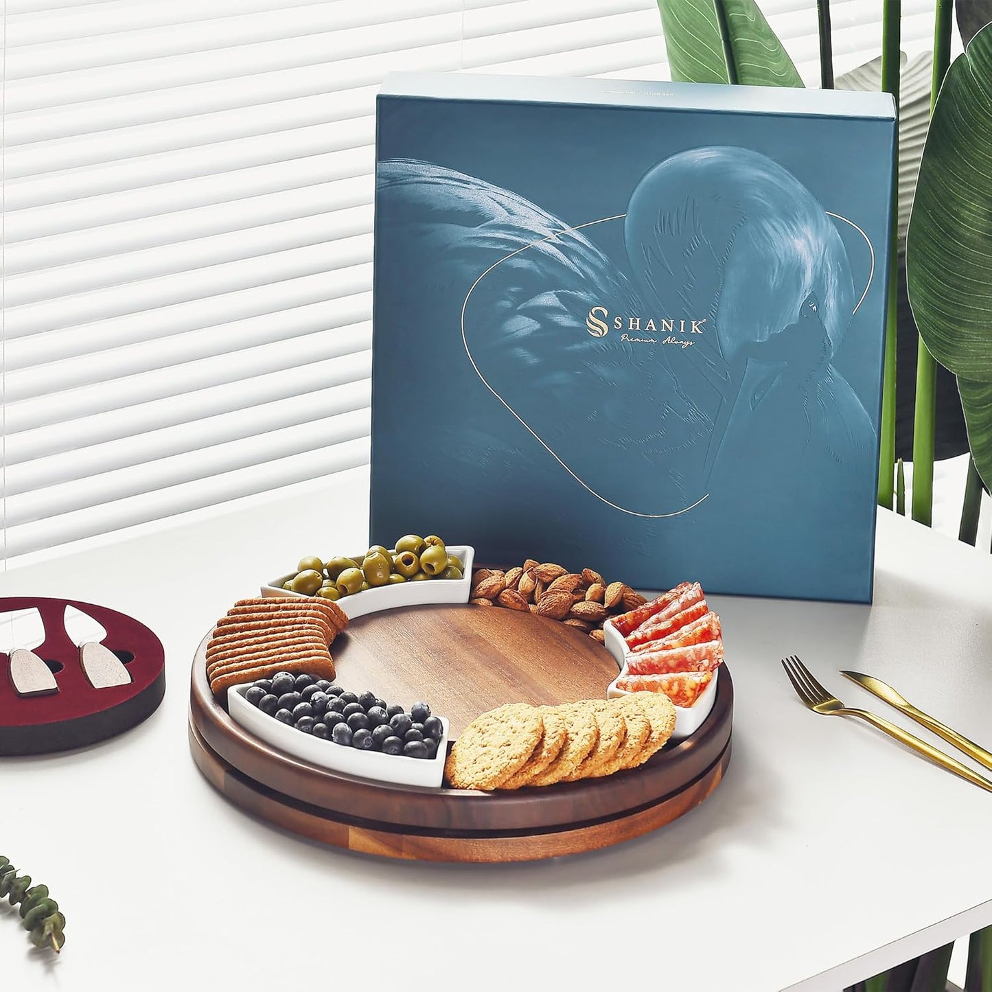 Shanik Acacia Wood Lazy Susan Cheese Board – Rotating Serving Platter for Cheese, Charcuterie, Appetizers, and Snacks, Entertaining, Parties, and Family Gatherings