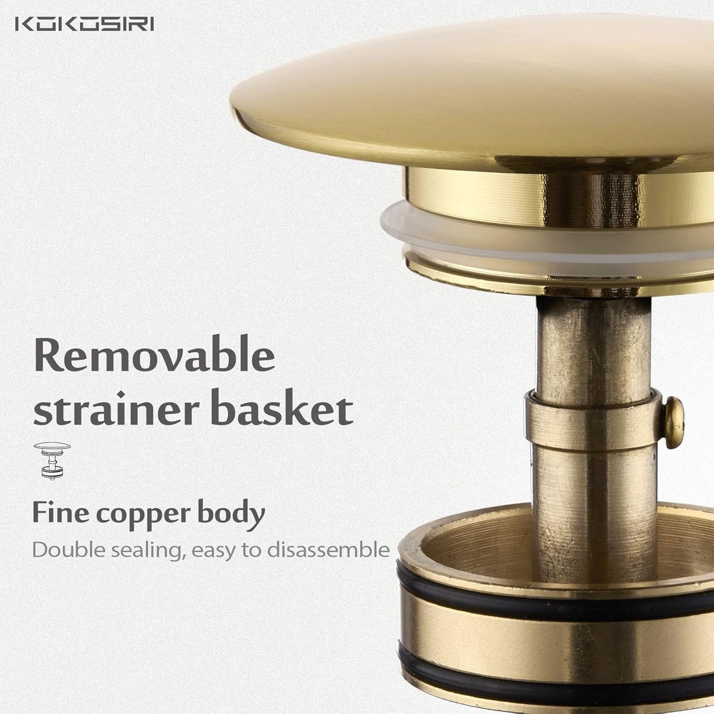 KOKOSIRI Bathroom Sink Drain with Detachable Hair Catcher, Brushed Gold Pop Up Sink Drain with Strainer Basket Anti Clogging for Vanity Vessel Sink with Overflow, C1001BG