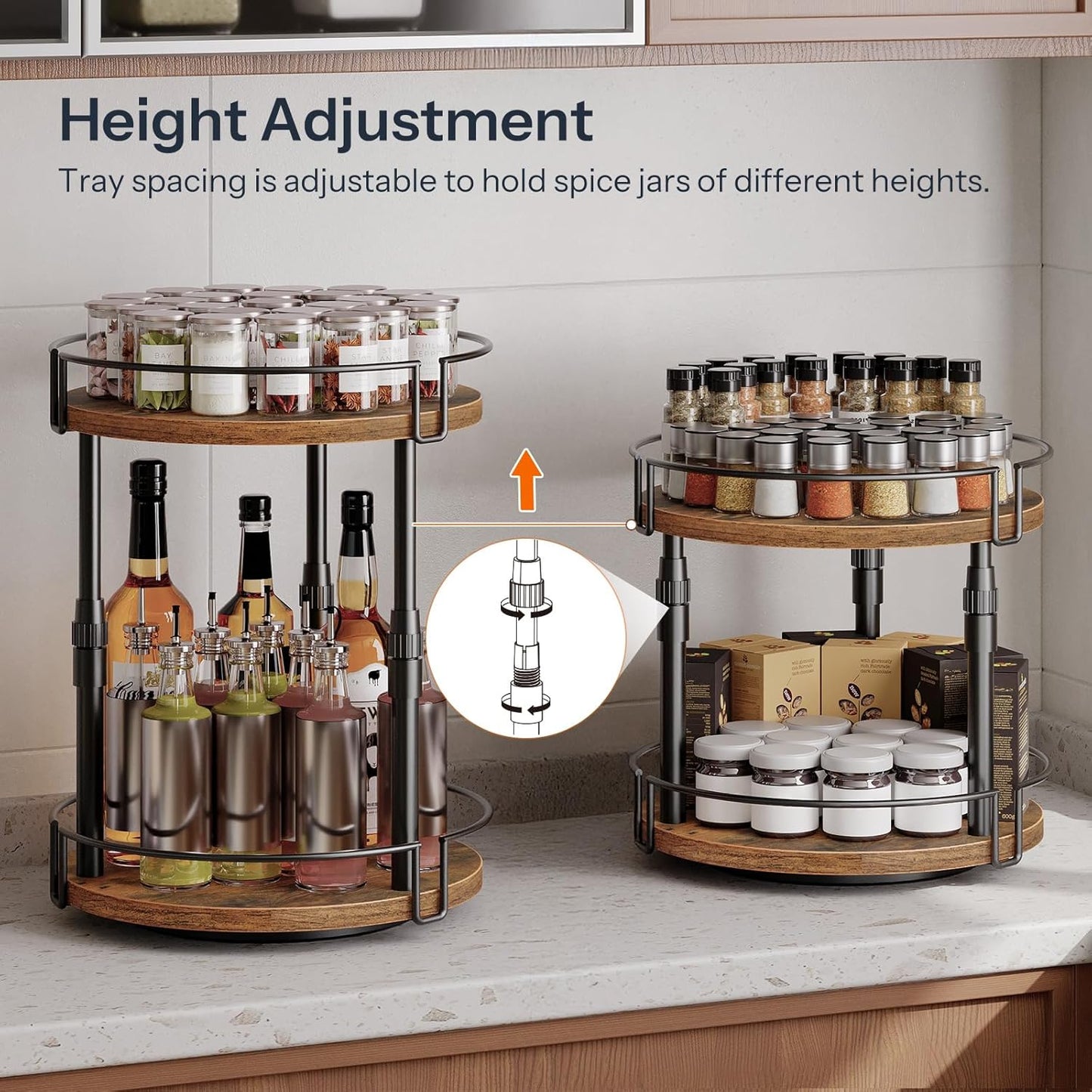 HOOBRO Lazy Susan Organizer Spice Rack, 2-Tier Height Adjustable Rotating Lazy Turntable Spice Organizer, for Kitchen Countertop and Cabinet, Rustic Brown BF05TL01