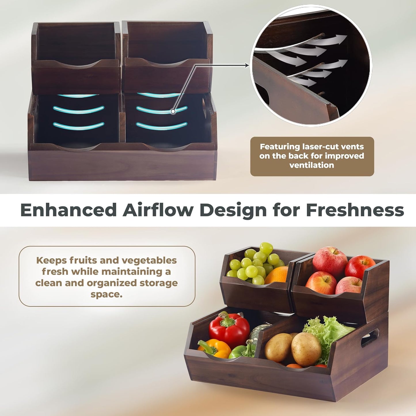 Acacia Wood Pantry Storage Bins - Stackable Open Front Kitchen Baskets with Airflow Vent for Potato, Onion, Fruit, Vegetable, and Bread Storage, Wood Organizer for Pantry and Countertop