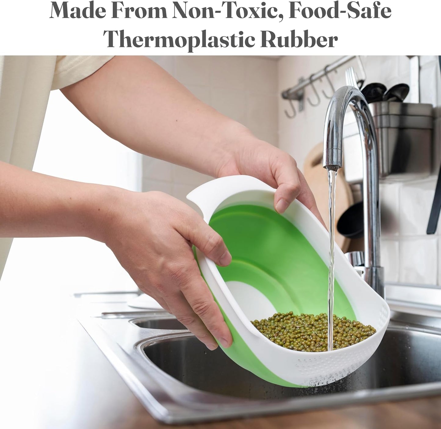 Kitchen Gizmo Collapsible Rice Strainer - Silicone Rice Washer Strainer Bowl - BPA Free - Space Saving Design - Lightweight and Easy to Clean - 5.5 to 3.15 Inches High - Green/Grey
