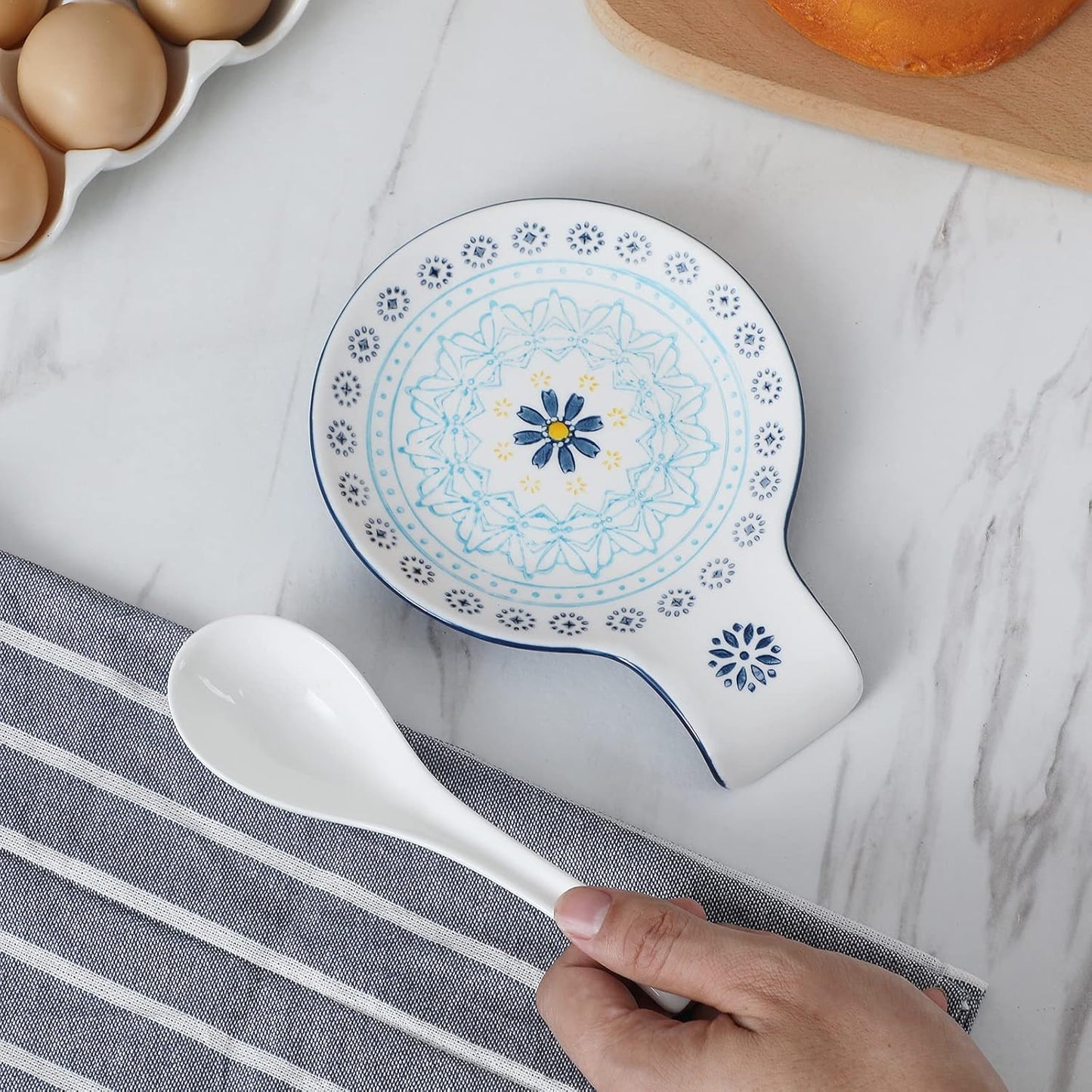 Hand Painted Spoon Rest, 5.5" Ceramic Spoon Holder for Stove Top and Kitchen Counter, Blue Pattern Utensil Rest, Great Cooking Gifts for Friends, Modern Kitchen Decorative