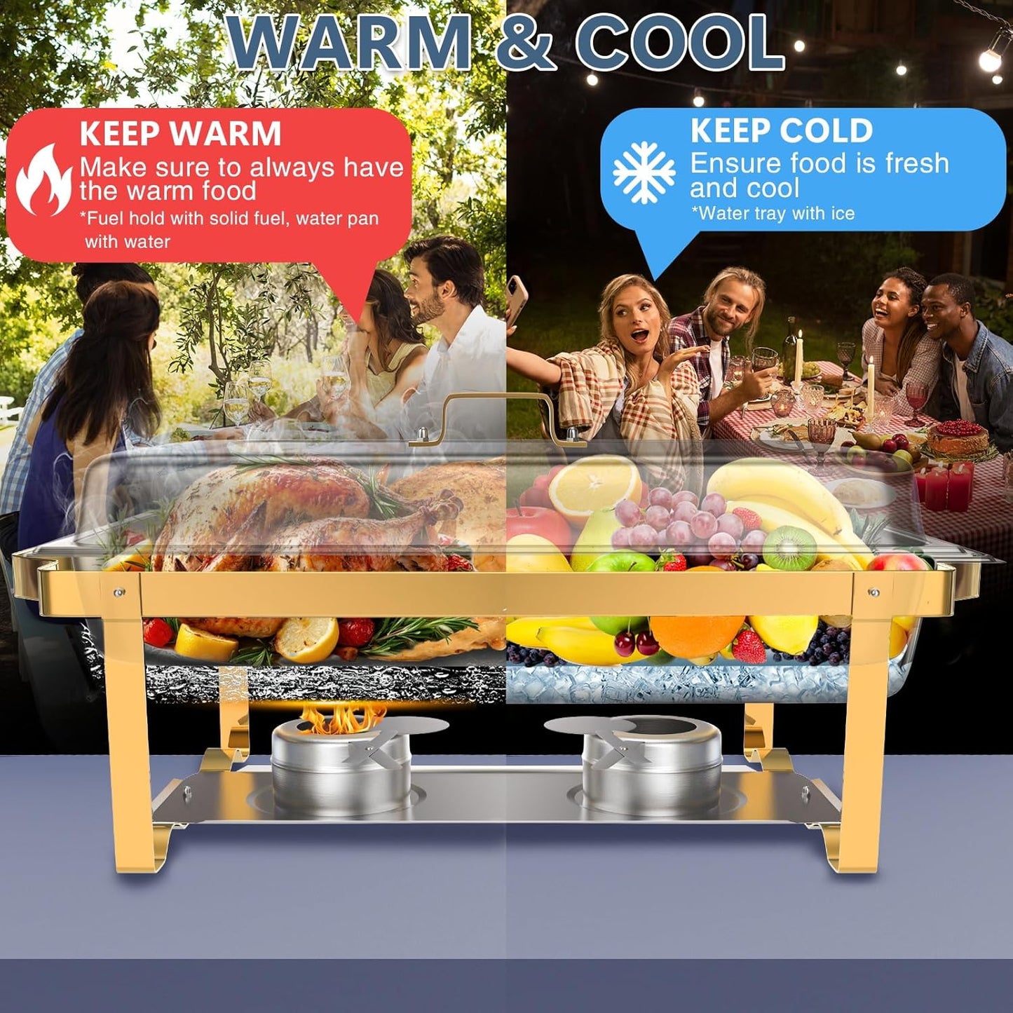 SIOTMERA 9QT Chafing Dishes for Buffet 1 Pack, Thickened Stable Stainless Steel Chafing Dish Buffet Set, Rolled Edge No Finger Cut Food Warmers for Party Catering Events Weddings, Gold and Silver