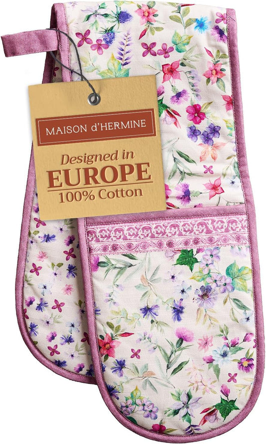 Maison d' Hermine Double Oven Mitts 100% Cotton 7"x35" Double Oven Mitt Heat Resistant BBQ Cooking Gloves with Loop, Baking, Grilling, Home, Kitchen, Handling Hot Pans Spring Summer (Chardon)