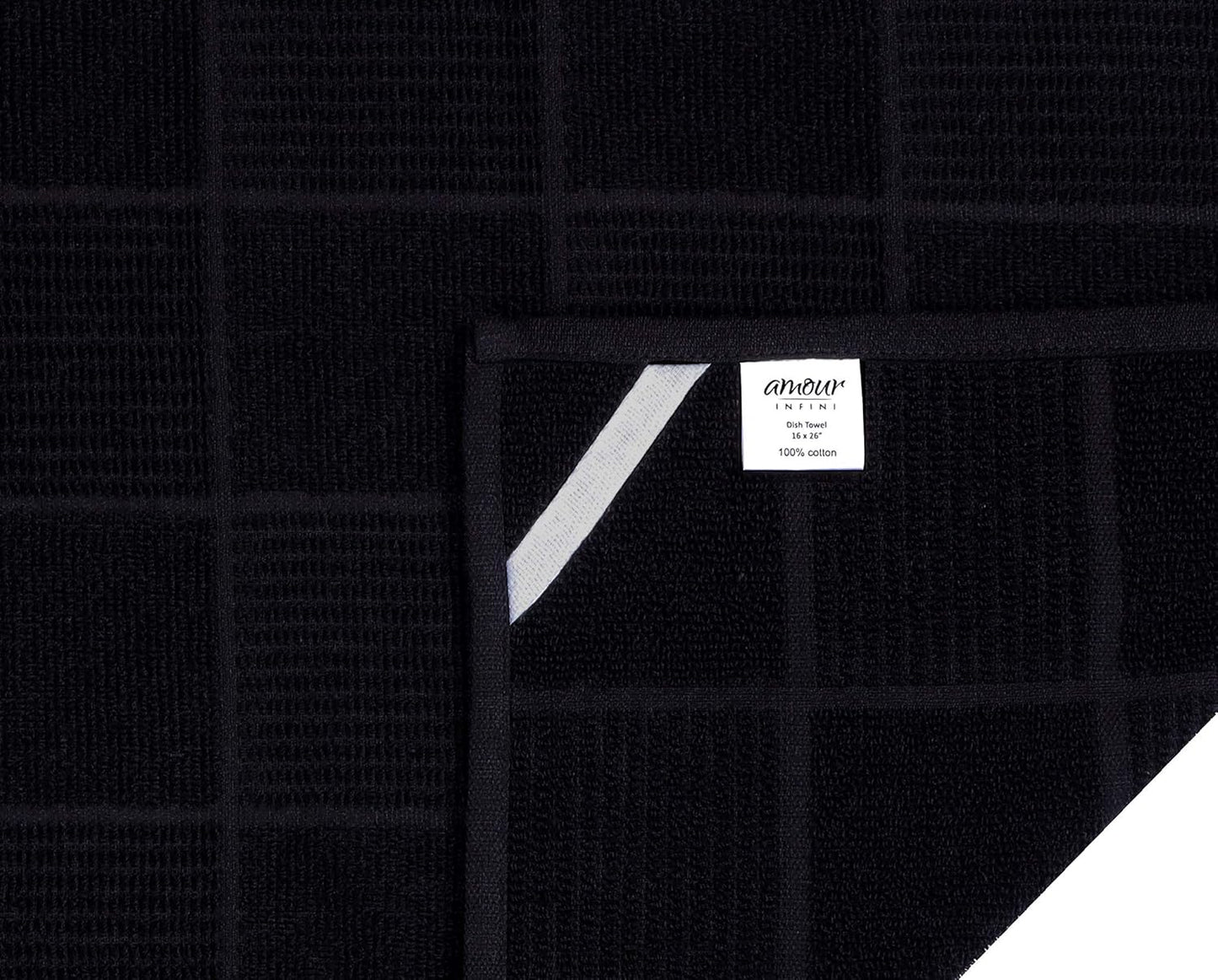 AMOUR INFINI Kitchen Towels Pack of 4 Absorbent, Quick Drying Premium Terry Cotton Dish Towel with Hanging Loop 16x28 Inch Hand & Tea Towels (Black)