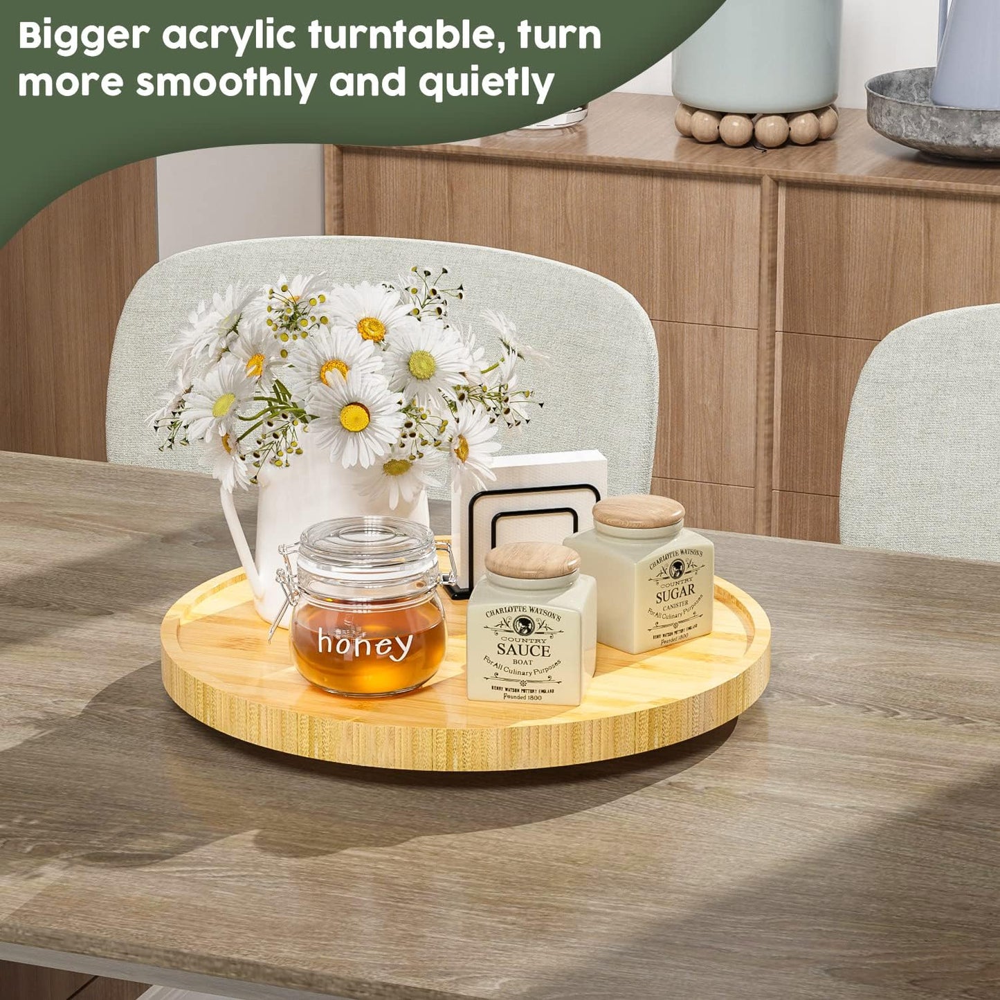 Lazy Susan for Table, 12 Inch Non-Skid Bamboo Turntable Organizer for Salt Pepper Spices and Olive Oil Next to Stove, Wooden Lazy Susan Organizer for Kitchen Countertop Organizer