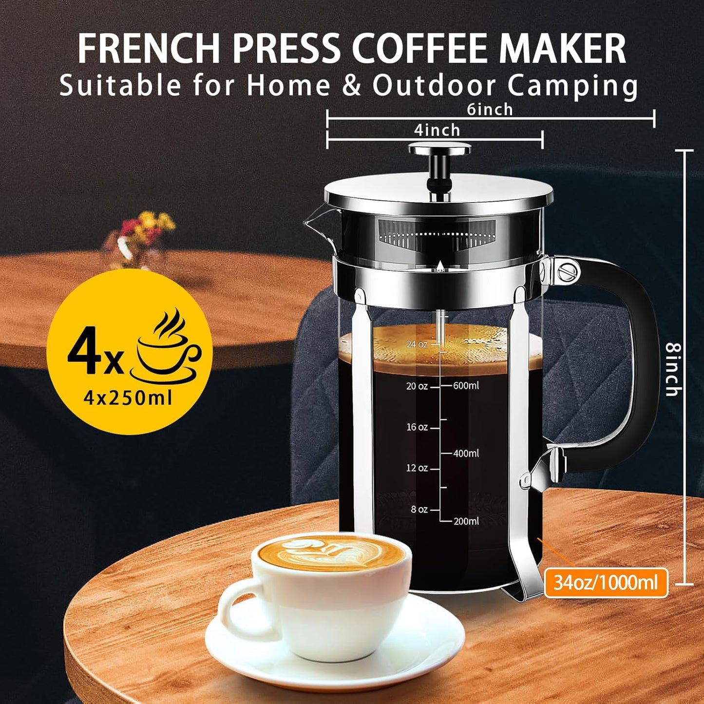 French Press Coffee Maker 304 Stainless Steel Coffee Press,with 4 Filters System, Heat Resistant Thickness Borosilicate French Press Glass, BPA-Free Brewed Tea Pot Coffee Plunger